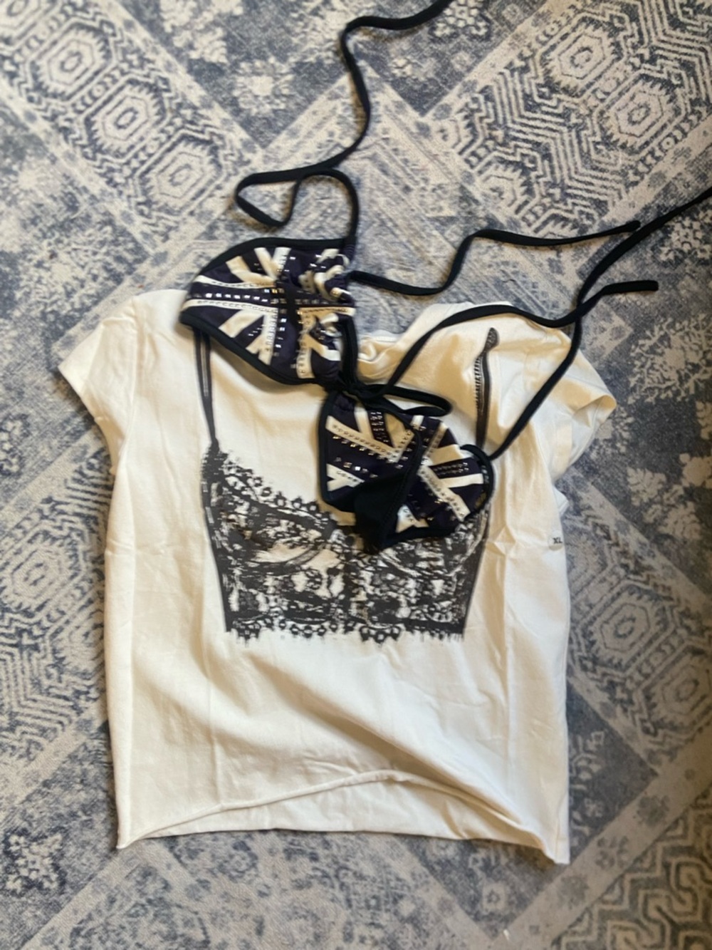 Tilly's White Graphic Lace-Print Tee with Navy Bikini Top